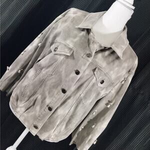 C WONDER! GRAY WHITE CLOUDY FADED DENIM JEWELED SLEEVE JEAN JACKET! SZ L